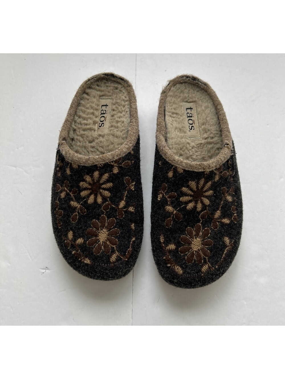 Taos Woolfower Women's Wool Felt Embroidered Floral Clog Slippers Gray 7.5